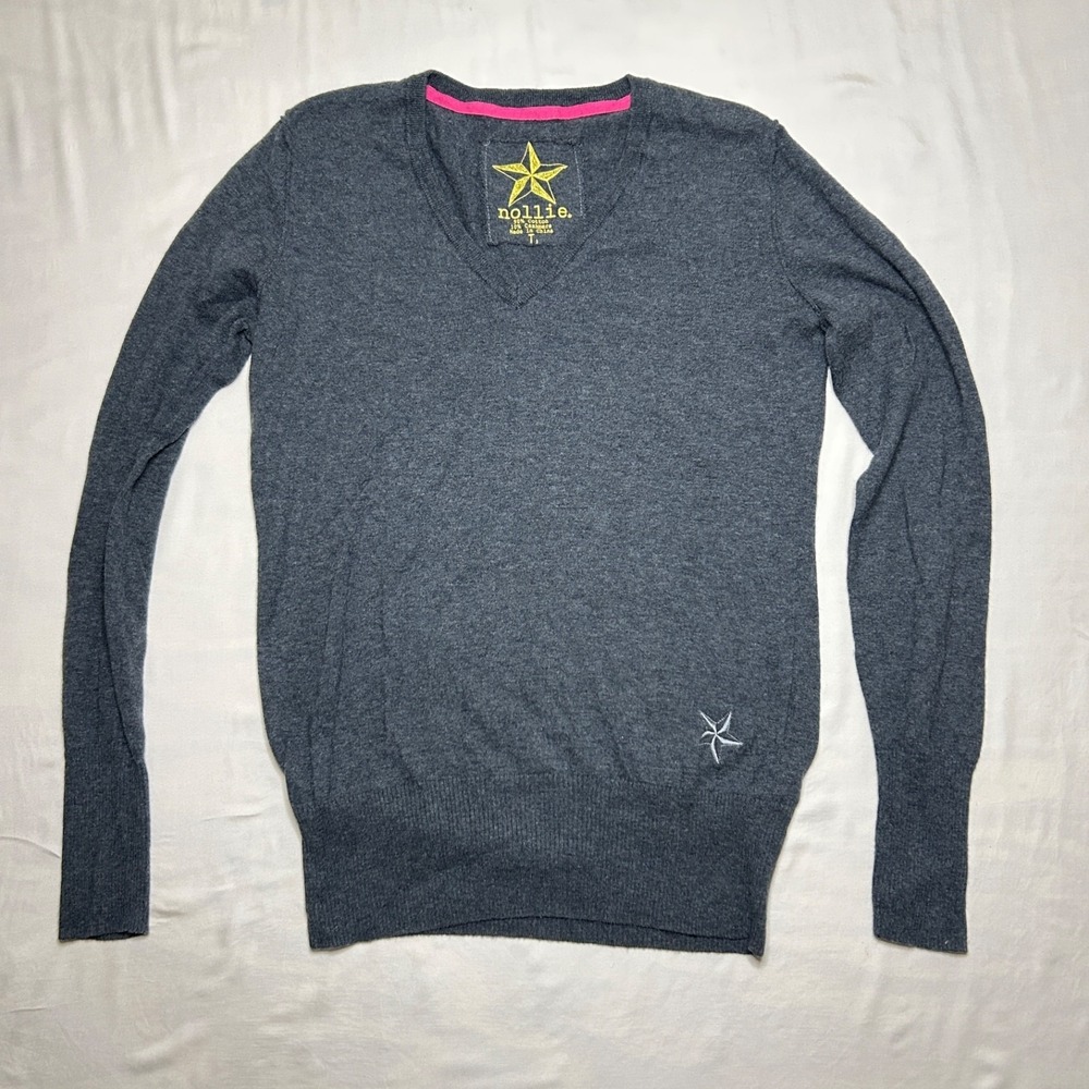 Nollie Sweater V Neck Women's L Gray Cotton Cashmere Fitted Y2K Skater Girl